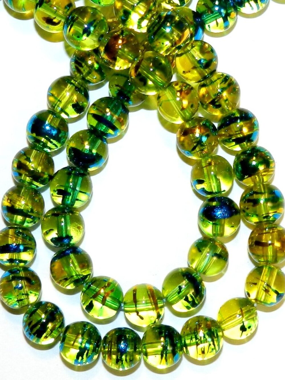 G1540 Yellow Clear 8mm Round Metallic Drawbench Swirl Glass Beads 32" Strand